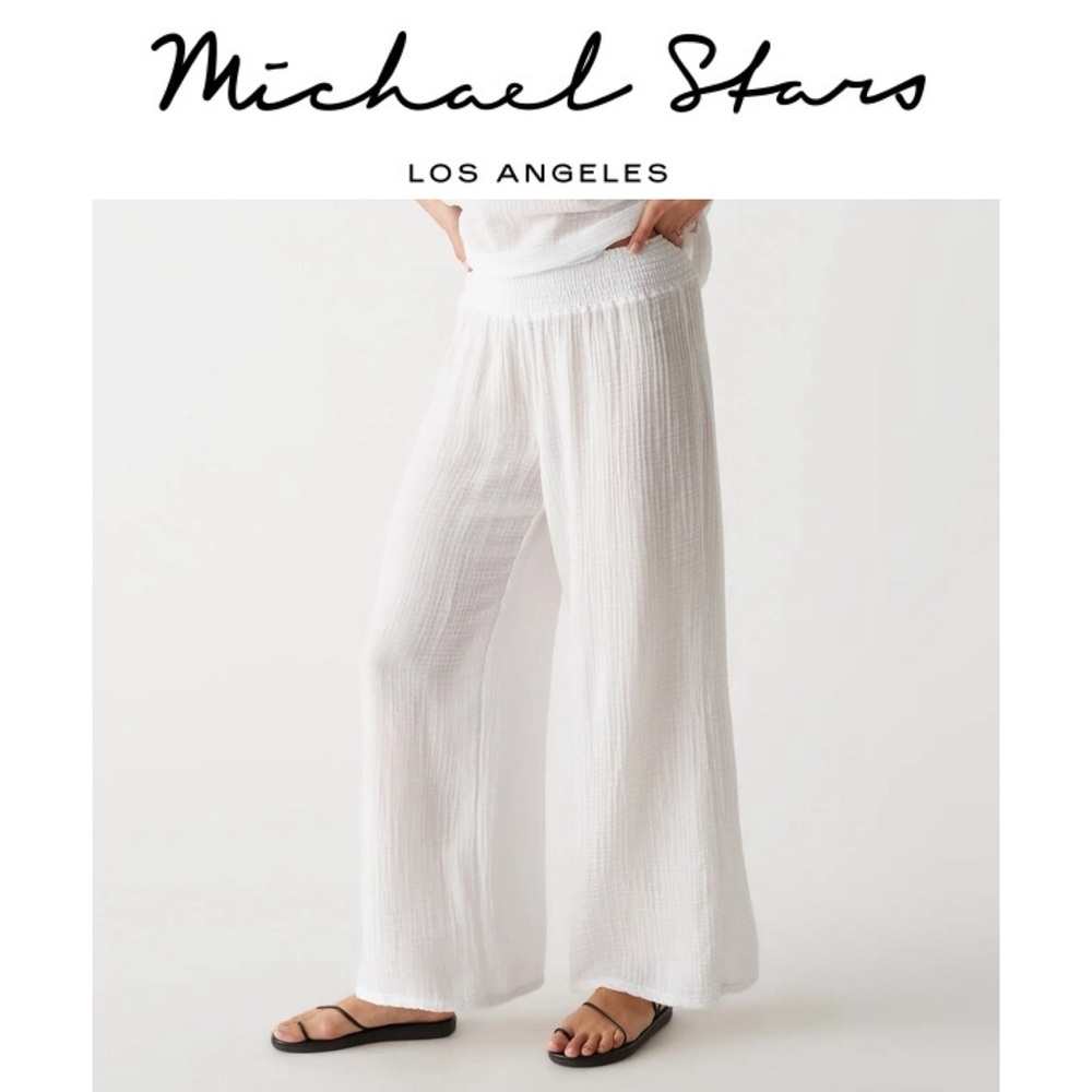 NWT MICHAEL STARS Double Gauze Smocked Cropped Waist Pant in white Sz XS